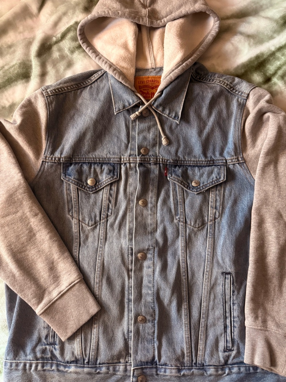 Levi's Hybrid Light Blue Denim Jacket with Gray Hoodie Sleeves#Levis